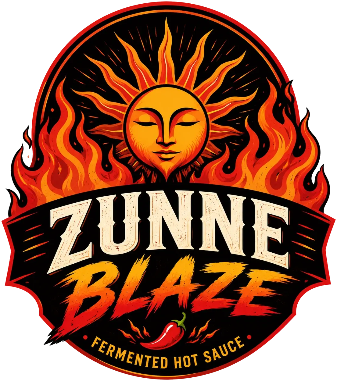 Zunne Blaze logo — een oplaaiende zon met gezicht, omringd door vlammen