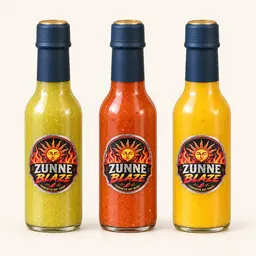 Zunne Blaze proefpakket — drie flessen gefermenteerde hot sauce naast elkaar: groene jalapeño, rode habanero en gele adjuma & madame jeanette
